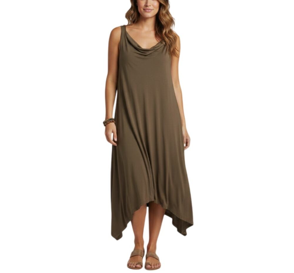 EILEEN FISHER Cowl Neck Jersey Knit Midi Dress Sz L Brown Coastal Relax Made USA